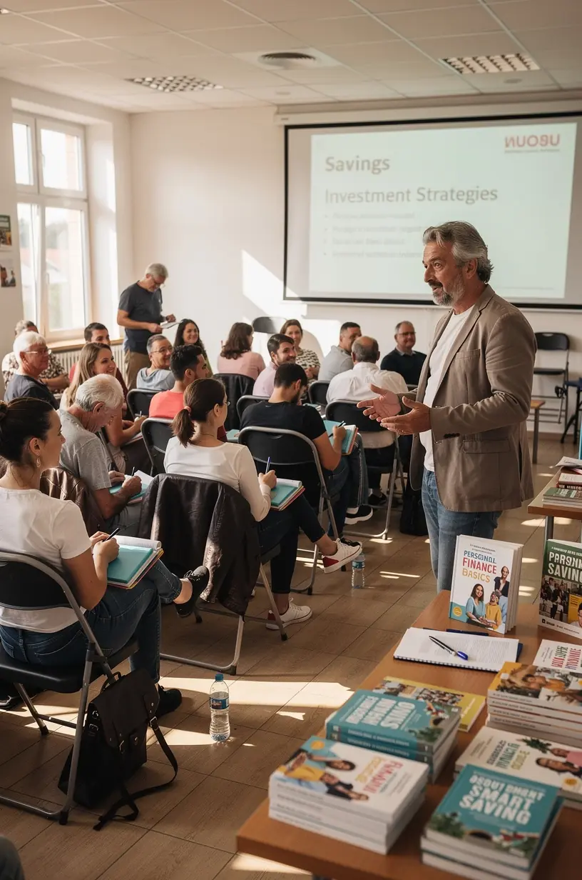 Személyes pénzügyi alapokkal foglalkozó blog képe, ahol résztvevők jegyzetelnek egy offline képzésen.