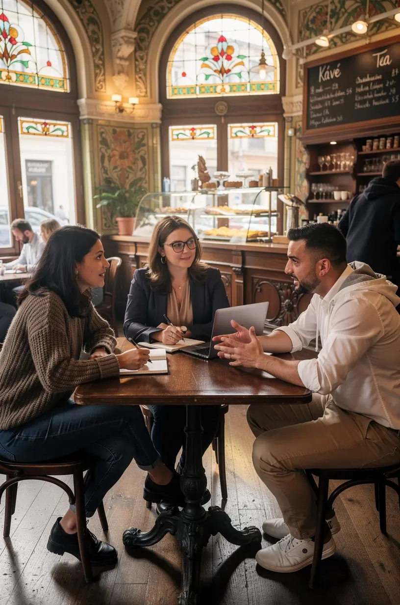 Oktató magyarázza a pénzügyi tervezés lépéseit egy csoportnak egy modern tanteremben.